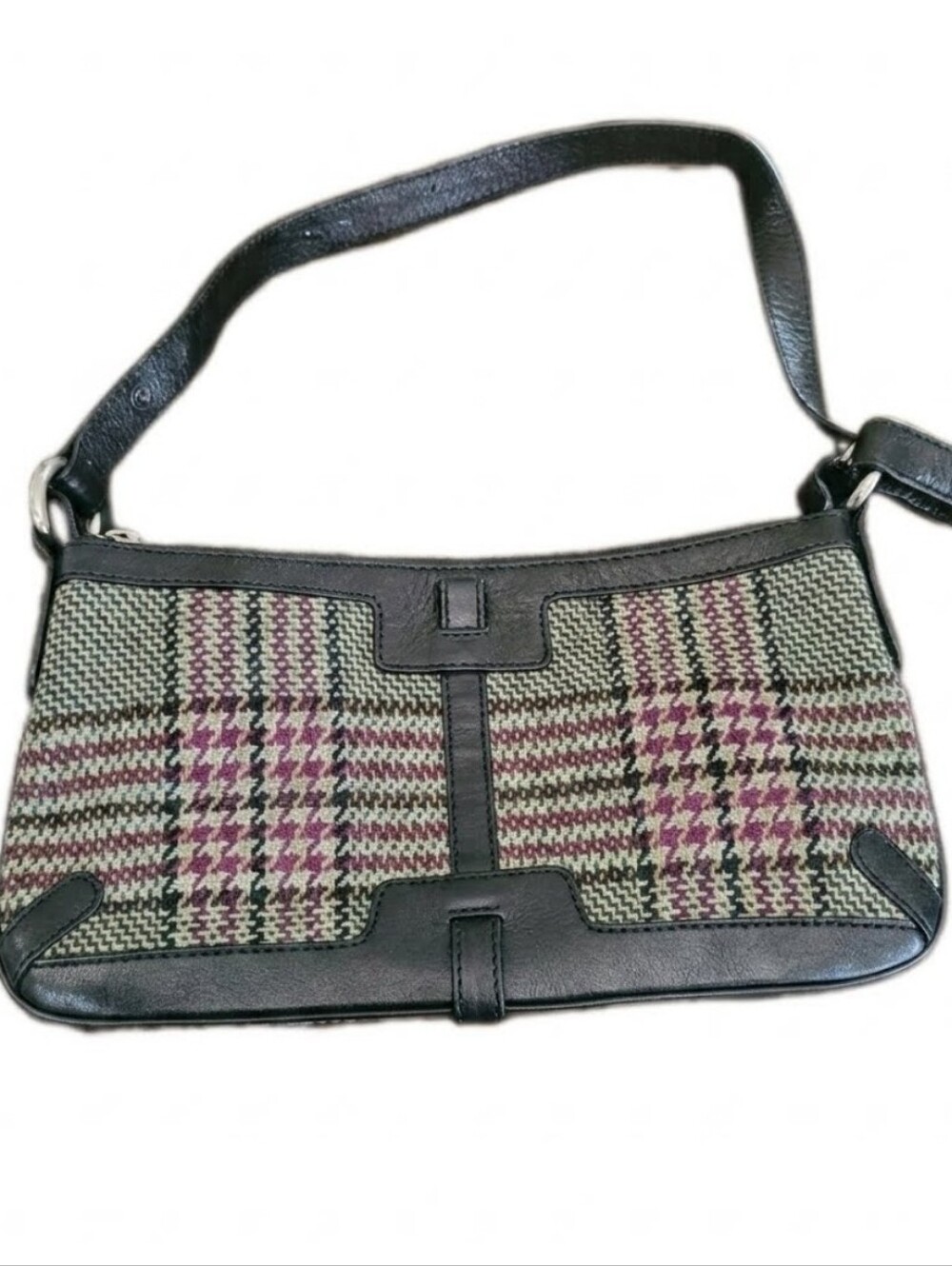 BURBERRY Vintage Shoulder Bag Woven Green Plaid w Black Leather Strap & Detail